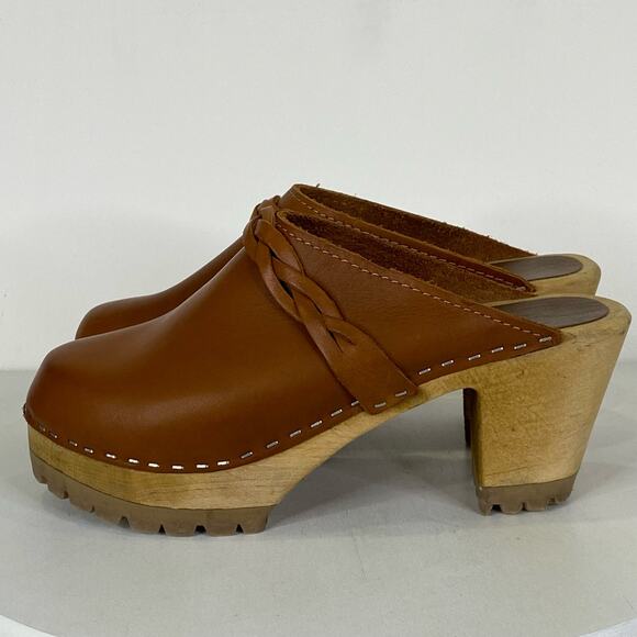 MIA Elsa Luggage Wood Clogs Women's Sz 37/US 7 Tan Italian Leather Swedish Lug - Picture 5 of 13